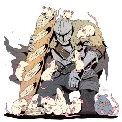 1boy animal armor baguette belt bread breastplate cape chainmail covered_face crack cracked_helmet facing_viewer food fryprai full_armor full_body gauntlets grey_cape helmet highres holding holding_food knight male_focus mouse_(animal) on_one_knee original shoulder_belt simple_background white_background