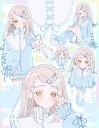 1girl :o blonde_hair blue_jacket blue_shorts blue_socks blush chibi colored_eyelashes flipped_hair gakuen_idolmaster gyaru_v hair_ornament half-heart_hands highres idolmaster jacket long_hair looking_at_viewer loose_socks multiple_views orange_eyes pote_(pote_39) shinosawa_hiro shoes shorts sitting sneakers socks star_(symbol) swept_bangs v very_long_hair wing_hair_ornament