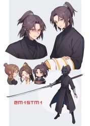 3boys absurdres basket black_hanfu bracer brown_hair cherry chibi chinese_clothes clenched_teeth facial_mark feng_xin food forehead_mark fruit hair_bun half_updo hand_on_another&#039;s_shoulder hanfu high_ponytail highres holding holding_sword holding_unworn_clothes holding_weapon long_hair long_sleeves looking_at_viewer m1stm1 male_focus mask mu_qing_(tianguan_cifu) multiple_boys multiple_views oni_mask ponytail puff_of_air simple_background single_hair_bun smile sweatdrop sword teeth tianguan_cifu turtleneck weapon wide_sleeves xie_lian yellow_eyes