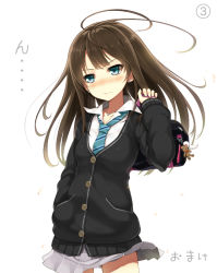 10s 1girl aqua_eyes bad_id bad_pixiv_id bag blush brown_hair cardigan earrings female_focus idolmaster idolmaster_cinderella_girls jewelry long_hair necklace necktie school_bag school_uniform shibuya_rin shy skirt solo tel-o translated