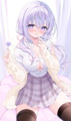 Rule 34 | 1girl, black thighhighs, blush, breasts, candy, cardigan, cleavage, closed mouth, collared shirt, cowboy shot, fingernails, food, grey skirt, hair between eyes, hair ribbon, hands up, hashtag-only commentary, highres, holding, holding candy, holding food, holding lollipop, indie virtual youtuber, large breasts, lollipop, long bangs, long hair, looking at viewer, low twintails, miniskirt, nail polish, naito mare (vtuber), no bra, nose blush, off shoulder, okomeillust, open cardigan, open clothes, partially unbuttoned, pink nails, pink ribbon, plaid clothes, plaid skirt, pleated skirt, purple eyes, purple hair, ribbon, shirt, shirt tucked in, sitting, skirt, solo, thighhighs, tongue, tongue out, twintails, virtual youtuber, white shirt, yellow cardigan, zettai ryouiki