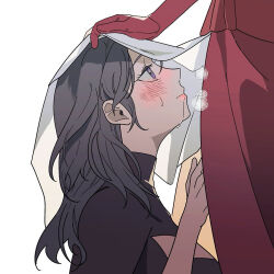 2girls b_(wldms6650) bad_link blush breasts edelgard_von_hresvelg female_byleth_(fire_emblem) fire_emblem fire_emblem:_three_houses hand_on_another&#039;s_head head_under_another&#039;s_clothes long_hair multiple_girls nintendo simple_background sweat under_another&#039;s_clothes white_background yuri