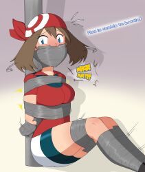 1girl absurdres arms_behind_back autotaped bdsm blush bondage bound gag gagged highres improvised_gag may_(pokemon) motion_lines nintendo pokemon pokemon_rse solo struggling tape tape_bondage tape_gag taped_arms taped_fingers taped_hands taped_legs tied_to_stake