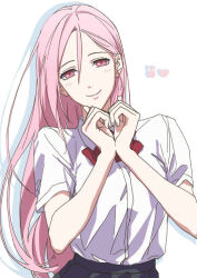 1girl four-finger_heart_hands arms_up black_skirt blush closed_mouth commentary heart heart_hands kuroko_no_basuke long_hair looking_at_viewer momoi_satsuki neck_ribbon pink_eyes pink_hair pleated_skirt red_ribbon ribbon shirt shirt_tucked_in short_sleeves simple_background skirt smile solo symbol-only_commentary tt_am618 white_background white_shirt