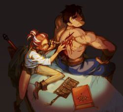 1boy 1girl absurdres bed black_hair blood blue_pants book boots from_above glasses highres jacket looking_back multicolored_hair muscular muscular_male needle niwindustries original pants red_hair scar shirt shirtless_male short_hair simple_background stitches stitching surgery unworn_jacket white_shirt