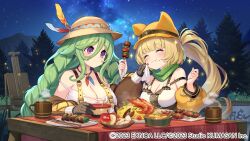 Rule 34 | 2girls, :3, absurdres, bare shoulders, blonde hair, blush, braid, breasts, cezanne (girls creation), cleavage, clenched hands, closed eyes, closed mouth, copyright name, copyright notice, corset, cup, detached sleeves, eating, food, food on face, girls creation, green hair, handkerchief, happy, hat, highres, holding, holding handkerchief, huge breasts, large breasts, long hair, low twin braids, manet (girls creation), mountain, multiple girls, nauribon, night, night sky, outdoors, purple eyes, scarf, side ponytail, sitting, sky, smile, star (sky), starry sky, table, tree, twin braids, very long hair, w arms, wiping, wiping face, yellow hat
