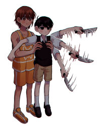 2boys antenna_hair black_eyes black_hair black_sweater_vest brown_eyes brown_hair brown_shorts closed_mouth collarbone collared_shirt dark-skinned_male dark_skin expressionless highres holding holding_knife k_toast kel_(faraway)_(omori) kel_(omori) knife multiple_boys omori orange_shoes orange_shorts shirt shoes short_hair short_sleeves shorts simple_background sneakers sunny_(omori) sweater_vest white_background white_shirt