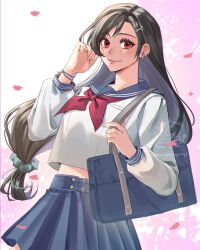 1girl bag birthday black_hair blue_sailor_collar blue_scrunchie blue_skirt bracelet cherry_blossoms closed_mouth commentary cowboy_shot earrings english_commentary falling_petals final_fantasy final_fantasy_vii final_fantasy_vii_ever_crisis hair_ornament hair_scrunchie hairclip highres jewelry long_hair looking_at_viewer low-tied_long_hair midriff_peek neckerchief official_alternate_costume petals pink_petals pleated_skirt red_eyes red_neckerchief sailor_collar school_uniform scrunchie serafuku shoulder_bag skirt smile snowspringcraft solo tifa_lockhart tifa_lockhart_(midgard_seventh_high_school) white_serafuku