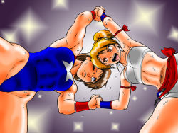 abs arena blonde_hair catfight fighting kazetanuki leotard muscular thighs thong_leotard toned wrestler wrestling wrestling_outfit wristband