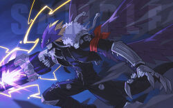 1boy arm_cannon bandana beelzebumon beelzebumon_blast_mode black_jacket black_wings blonde_hair demon_boy digimon digimon_(creature) electricity fang feathered_wings green_eyes highres jacket male_focus onion_maru red_bandana sample_watermark short_hair smirk solo third_eye watermark weapon wings
