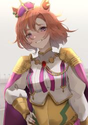 1girl absurdres animal_ears araca_ra brown_hair cape clenched_teeth cowboy_shot cropped_shirt crown ear_ornament hair_between_eyes hand_on_own_hip highres horse_ears long_sleeves looking_at_viewer mini_crown pink_cape puffy_sleeves purple_eyes shirt short_hair smile solo sweat t.m._opera_o_(umamusume) teeth umamusume white_shirt
