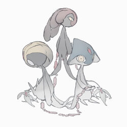 absurdres azelf blue_skin colored_skin forehead_jewel gen_4_pokemon grey_skin highres keroreud legendary_pokemon looking_at_viewer mesprit multiple_tails muted_color nintendo no_humans pink_skin pokemon pokemon_(creature) pokemon_focus red_chain_(pokemon) simple_background tail two_tails uxie white_background yellow_eyes yellow_skin