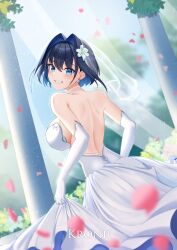 1girl absurdres alternate_costume backless_dress backless_outfit blue_eyes blue_hair breasts closed_mouth dress elbow_gloves flower girarikyo gloves hair_flower hair_ornament highres hololive hololive_english large_breasts looking_at_viewer ouro_kronii sideboob smile solo veil virtual_youtuber wedding_dress white_dress white_flower white_gloves