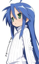 1girl ahoge blue_hair dot_nose flat_chest green_eyes hair_between_eyes highres izumi_konata jitome long_hair long_sleeves looking_to_the_side lucky_star mole mole_under_eye no_pupils ogaoekaki open_mouth ribbed_sweater sidelocks simple_background solo sound_effects straight_hair sweater turtleneck upper_body very_long_hair white_background white_sweater