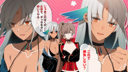 2girls ? amazuki_jou azur_lane bikini black_bikini black_jacket black_ribbon breasts brown_eyes brown_hair cheek_poking cleavage closed_eyes closed_mouth collarbone crossed_arms diagonal-striped_background facial_mark forehead_mark gloves grey_hair hair_ribbon highres jacket jean_bart_(azur_lane) long_hair massachusetts_(azur_lane) multicolored_bikini multiple_girls off_shoulder open_mouth pink_background poking popped_collar red_gloves ribbon smile speech_bubble striped_background swimsuit tan translation_request two-tone_bikini white_bikini