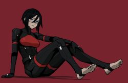 1girl android ass black_hair blue_eyes cyberpunk elster_(signalis) feet hibonite_art highres joints metal_skin robot_girl robot_joints science_fiction short_hair signalis solo