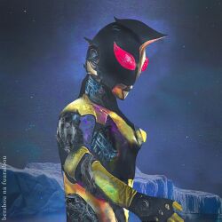 Rule 34 | 1boy, alien, android, antarctica, artist name, black gloves, black skin, blue sky, color timer, colored skin, commentary, compound eyes, doppelganger, dorsal fin, exposed internal machinery, fingerless gloves, from side, glacier, gloves, glowing, glowing eyes, highres, joints, looking down, male focus, multicolored skin, night, night sky, obakelope0530, outdoors, pectorals, pointy ears, red eyes, robot, robot joints, sky, solo, standing, star (sky), studded gloves, teeth, tokusatsu, toned, toned male, two-tone skin, ultra series, ultraman shadow, ultraman zearth (series), upper teeth only, wire, x-ray, yellow skin