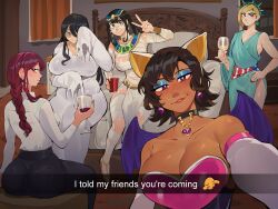 5girls absurdres alcohol alternate_costume alternate_hairstyle ancient_egyptian_clothes black_pants blonde_hair breasts chainsaw_man cosplay dark-skinned_female dark_skin diforland english_text gene_(diforland) ghost_costume halloween halloween_costume highres karen_(diforland) long_hair looking_at_viewer makima_(chainsaw_man) makima_(chainsaw_man)_(cosplay) mature_female multiple_girls mummy_costume original pants reaching reaching_towards_viewer rouge_the_bat rouge_the_bat_(cosplay) selfie shirt smile statue_of_liberty usekh_collar vivien_(diforland) white_shirt wine