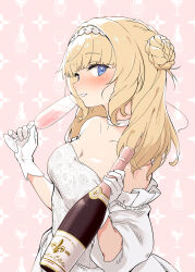 1girl aka_ringo blue_eyes blush bottle braid brown_hair champagne_flute commentary_request cup dress drinking_glass gloves hairband highres kantai_collection long_hair looking_at_viewer looking_back nose_blush off-shoulder_dress off_shoulder pink_background ranger_(anniversary)_(kancolle) ranger_(kancolle) side_braids solo upper_body white_dress white_gloves white_hairband wine_bottle