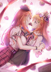 1boy 1girl androgynous blush breast_press breasts brother_and_sister candy chocolate chocolate_heart dress eating food hairband hat heart highres large_breasts long_hair looking_at_another natsusora_aona natsusora_wakana novady orange_eyes orange_hair original sexually_suggestive shiny_skin siblings skirt trap twins valentine wide_hips