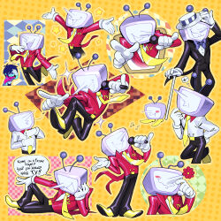 1boy 1other absurdres ant_tenna black_jacket black_pants blue_bow blue_bowtie blue_hair blue_skin blush_stickers bow bowtie cane cape collared_shirt colored_skin commentary crt deltarune drawloverlala english_commentary facepalm flower flying_sweatdrops gloves hand_on_own_cheek hand_on_own_face hat highres holding holding_cane holding_microphone jacket kris_(dark_world)_(deltarune) kris_(deltarune) lying microphone multiple_views necktie object_head on_side outline outstretched_arm pants pink_cape pointing pointy_nose shirt shoes single_blush_sticker smile sparkle speech_bubble star_(symbol) tailcoat teeth torn_cape torn_clothes whistling white_gloves white_shirt yellow_necktie yellow_outline yellow_shoes