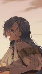 1girl 37_(reverse:1999) backlighting bare_shoulders blue_eyes blue_hair crying crying_with_eyes_open dirty dirty_face from_side gold_choker highres lying milmil7 on_stomach open_mouth profile reverse:1999 sky solo sweat tears upper_body yellow_sky