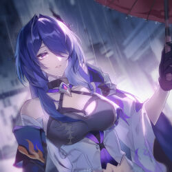 1girl acheron_(honkai:_star_rail) black_choker black_gloves breasts choker commentary crop_top english_commentary gloves hair_over_one_eye highres hiratechen holding holding_umbrella honkai:_star_rail honkai_(series) jacket large_breasts long_hair purple_eyes purple_hair rain solo umbrella upper_body wet white_jacket
