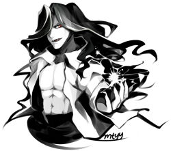 Rule 34 | 1boy, bad id, bad pixiv id, collared shirt, electricity, evil smile, floating, floating hair, floating object, hair over one eye, looking at viewer, male focus, melty blood, michael roa valdamjong, monochrome, mtyy, open clothes, open fly, open shirt, pants, shirt, simple background, sleeve cuffs, smile, tsukihime, white shirt