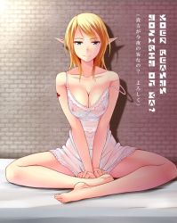 Rule 34 | 1girl, arm tattoo, bare legs, barefoot, blonde hair, blue eyes, breasts, chemise, cleavage, closed mouth, clubs, collarbone, covered erect nipples, elf, english text, engrish text, female focus, full body, indian style, jitome, kuurunaitsu, large breasts, lingerie, long hair, original, pointy ears, ranguage, see-through clothes, sitting, smile, solo, strap slip, tattoo, translated, underwear, v arms