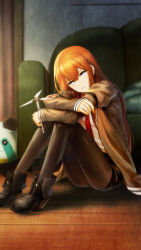 1girl ankle_boots archived_source black_boots black_pantyhose black_shorts blue_eyes boots brown_hair brown_jacket closed_mouth collared_shirt couch crossed_arms female_focus fold-over_boots frown game_cg hair_between_eyes high_heel_boots high_heels highres holding huke indoors jacket knees_to_chest long_hair long_sleeves looking_at_viewer makise_kurisu necktie off_shoulder official_art on_floor pantyhose pantyhose_under_shorts red_necktie shirt short_shorts shorts sitting solo steins;gate straight_hair third-party_source toy upa_(steins;gate) white_shirt wooden_floor zipper_footwear