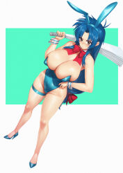 1girl animal_ears aqua_hairband aqua_leotard aqua_shoes blue_hair bow bowtie breasts brown_eyes chidori_kaname detached_collar fake_animal_ears full_metal_panic! hairband high_heels highleg highleg_leotard highres huge_breasts leotard long_hair low-tied_long_hair playboy_bunny qingmingtongzi rabbit_ears red_bow red_bowtie shoes solo strapless strapless_leotard thigh_strap very_long_hair wrist_cuffs