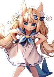 1girl anger_vein animal_ears blonde_hair blue_hair blue_sailor_collar blue_scrunchie cat_ears closed_mouth commentary dekzyl dress fang fang_out feet_out_of_frame fins fish_girl fish_tail flat_chest frilled_sailor_collar frills hashtag-only_commentary highres indie_virtual_youtuber knees_together_feet_apart long_hair looking_at_viewer low_twintails multicolored_hair one_side_up sailor_collar sameko_saba scrunchie signature simple_background solo speech_bubble spoken_anger_vein streaked_hair symbol-only_commentary tail twintails two-tone_hair very_long_hair white_background white_dress wrist_scrunchie