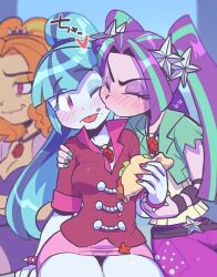 3girls ^_^ adagio_dazzle adagio_dazzle_(human) aria_blaze aria_blaze_(human) arm_support bad_id bad_pixiv_id belt black_belt blonde_hair blue_background blue_eyeshadow blue_hair blue_skin blush bracelet breasts cleavage closed_eyes closed_mouth colored_skin commentary_request cowboy_shot cropped_jacket curtained_hair dress eyeshadow food food_on_face furrowed_brow gem green_hair green_jacket green_nails grey_skin hair_ornament hair_tie hand_on_another&#039;s_arm hand_on_another&#039;s_shoulder heart holding holding_food jacket jewelry kiss kissing_cheek long_hair looking_at_another looking_to_the_side makeup medium_breasts miniskirt multicolored_hair multiple_girls my_little_pony my_little_pony:_equestria_girls my_little_pony:_friendship_is_magic nail_polish necklace one_eye_closed open_clothes open_jacket orange_hair pants parted_bangs pencil_skirt pendant pink_eyes pink_nails pink_skirt purple_dress purple_eyeshadow purple_hair purple_pants red_gemstone red_jacket sanjiro_(tenshin_anman) shirt short-sleeved_jacket short_sleeves simple_background sitting skirt smile sonata_dusk sonata_dusk_(human) spiked_bracelet spikes star_(symbol) star_hair_ornament streaked_hair taco tongue tongue_out twintails two-tone_hair v-bangs v-shaped_eyebrows white_shirt yellow_skin yuri