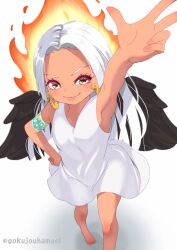 1girl absurdres arm_up armpits black_wings blood closed_mouth commentary_request dark-skinned_female dark_skin dress earrings feathered_wings fire green_blood hamaeru highres jewelry long_hair one_piece s-snake smile snake_earrings solo white_background white_dress white_hair wings