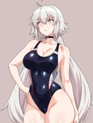 1girl ahoge bare_shoulders black_one-piece_swimsuit blush breasts competition_swimsuit covered_navel fate/grand_order fate_(series) highleg highleg_one-piece_swimsuit highres jeanne_d&#039;arc_alter_(fate) long_hair medium_breasts multicolored_swimsuit one-piece_swimsuit shiny_skin simple_background solo standing swimsuit thighs two-tone_one-piece_swimsuit two-tone_swimsuit white_hair yellow_eyes zatsu