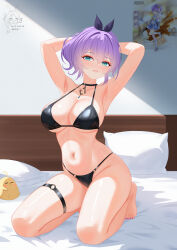 absurdres alternate_breast_size aqua_eyes armpits arms_behind_head arms_up azur_lane bed_sheet bikini black_bikini breasts cleavage hair_intakes halterneck highres indoors javelin_(azur_lane) kneeling large_breasts manjuu_(azur_lane) nail_polish nanqizizhou navel o-ring o-ring_bikini o-ring_bottom o-ring_thigh_strap on_bed pillow ponytail purple_hair skindentation smile stomach swimsuit thigh_strap thighs toenail_polish toenails toes