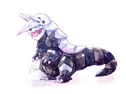 absurdres aggron blue_eyes claws full_body gen_3_pokemon highres nintendo no_humans non_(kumakawayusu) open_mouth painting_(medium) pokemon pokemon_(creature) signature simple_background solo traditional_media watercolor_(medium) white_background