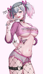 10_plus 1girl absurdres arms_behind_back artist_name balisong blue_eyes blue_nails blush bracelet breasts butterfly_tattoo character_name cleavage collar commentary commission cowboy_shot crop_top earrings fingernails fishnet_pantyhose fishnets grey_hair hair_ornament hair_ribbon hairclip heart heart_o-ring heterochromia highres holding holding_knife indie_virtual_youtuber jewelry knife knife_hair_ornament large_breasts looking_at_viewer multicolored_hair nail_polish navel o-ring o-ring_thigh_strap open_mouth pantyhose piercing pink_hair pink_nails rafilia_(vtuber) red_eyes ribbon short_shorts short_twintails shorts sidelocks simple_background skeb_commission solo stomach tattoo thigh_strap tongue tongue_out twintails twitter_username underboob virtual_youtuber white_background