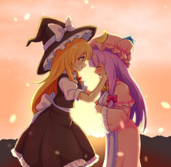 Rule 34 | 2girls, black hat, black skirt, black vest, blonde hair, bow, braid, breasts, capelet, commentary, crescent, crescent hat ornament, crying, dress, frilled sleeves, frills, hair bow, hands on another&#039;s cheeks, hands on another&#039;s face, hat, hat bow, hat ornament, kirisame marisa, long hair, long sleeves, mob cap, multiple girls, open mouth, outdoors, patchouli knowledge, pink capelet, pink dress, pink hat, puffy short sleeves, puffy sleeves, purple hair, red bow, short sleeves, side braid, single braid, skirt, smile, striped clothes, striped dress, touhou, vertical-striped clothes, vertical-striped dress, very long hair, vest, white bow, wide sleeves, witch hat, yellow eyes, yoruniwa