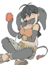 1girl animal_ears bell_pepper borneo_elephant_(kemono_friends) bracelet brown_shirt crop_top crossed_legs cutoffs elbow_gloves elephant_ears elephant_girl elephant_tail gloves gold_belt grey_gloves grey_hair grey_pants grey_sandals grey_scarf grey_shorts hair_between_eyes highres jewelry kemono_friends midriff multicolored_hair navel orange_eyes pants sandals scarf shirt short_hair_with_long_locks shorts sidelocks sitting sleeveless solo torento two-tone_hair white_hair