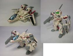 1990s_(style) aircraft airplane battroid chibi gerwalk gun jet macross macross_plus mecha retro_artstyle rifle robot science_fiction toy transformation weapon yf-19