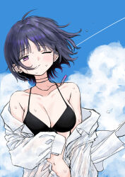 1girl absurdres bikini bikini_under_clothes black_bikini blue_hair breasts cleavage highres jewelry koshimizu_toru long_sleeves mole mole_under_eye navel necklace nijisanji one_eye_closed outdoors purple_eyes shirt short_hair sky solo sweat swimsuit swimsuit_under_clothes takotsubo_asase virtual_youtuber white_shirt