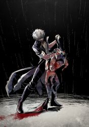 Rule 34 | 1boy, blood, bodysuit, boku no hero academia, boots, coat, dabi (boku no hero academia), dancing, hair over eyes, highres, holding cloth, male focus, pants, rain, scar, scar on arm, scar on face, shirt, short hair, sigma778, solo, torn bodysuit, torn clothes