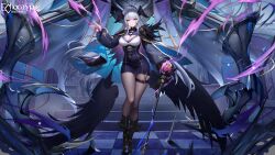 1girl absurdres artist_request black_coat black_dress black_footwear black_wings boots breasts cane checkered_floor cleavage cleavage_cutout clothing_cutout coat covered_navel dress echocalypse feathered_wings grey_hair head_wings highres holding holding_cane large_breasts logo long_hair magic multicolored_dress multicolored_hair official_art pantyhose pink_eyes purple_hair short_dress thigh_strap two-sided_coat two-sided_fabric wings ziz_(echocalypse)