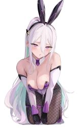 1girl absurdres animal_ear_hairband animal_ears aqua_pupils azur_lane bare_shoulders black_gloves breasts commentary_request fake_animal_ears fishnet_pantyhose fishnets gloves hair_between_eyes hairband highres kearsarge_(all_night_charge)_(azur_lane) kearsarge_(azur_lane) kneeling large_breasts leaning_forward leotard long_hair long_hair_between_eyes looking_at_viewer multicolored_leotard official_alternate_costume pantyhose playboy_bunny purple_eyes purple_leotard rabbit_ears sherlock_hime simple_background strapless strapless_leotard two-tone_leotard very_long_hair white_background white_hair white_leotard