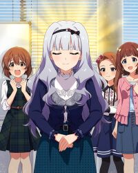 4girls amami_haruka belt bow brown_eyes brown_hair buttons card_(medium) closed_eyes dress fur_trim glowing green_eyes grey_hair hagiwara_yukiho hair_bow hairband idolmaster idolmaster_million_live! idolmaster_million_live!_theater_days minase_iori multiple_girls official_art open_mouth plaid_clothes plaid_dress red_eyes shijou_takane skirt smile window_blinds