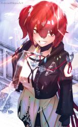 1girl :d absurdres annierosaart arknights artist_name black_jacket broken_glass commentary_request cowboy_shot dress energy exusiai_(arknights) exusiai_the_new_covenant_(arknights) glass grin hair_between_eyes highres jacket long_sleeves looking_at_viewer one_side_up open_clothes open_jacket open_mouth red_eyes red_hair rubble short_hair smile solo standing watermark white_dress