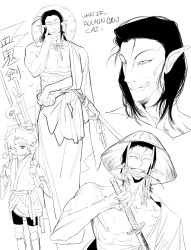 2boys aged_down alternate_costume asian astarion baldur&#039;s_gate baldur&#039;s_gate_3 cazador_szarr dungeons_&amp;_dragons dungeons_&amp;_dragons english_text gev greyscale hat highres japanese_clothes katana medium_hair monochrome mouth_hold multiple_boys multiple_views narrowed_eyes rice_hat ronin samurai sketch smile stalk_in_mouth sword toned toned_male tongue tongue_out weapon