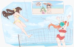4girls arms_up bare_shoulders bikini black_choker blue_sky brown_hair choker cloud day green_hair grey_hair guinaifen_(honkai:_star_rail) hat highres honkai:_star_rail honkai_(series) huohuo_(honkai:_star_rail) long_hair multiple_girls orange_hair red_bikini sky stelle_(honkai:_star_rail) strapless strapless_bikini sun_hat sunglasses sushang_(honkai:_star_rail) swimsuit tail_(honkai:_star_rail) trailblazer_(honkai:_star_rail) twintails unfamousradish very_long_hair volleyball_net yellow_bikini
