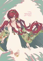 1girl absurdres blending blue_eyes bottle capelet character_name cowboy_shot dated dress green_capelet green_hairband hair_over_one_eye hairband highres holding holding_bottle long_hair looking_to_the_side low_twintails official_alternate_costume one_eye_covered parted_lips plant red_hair reverse:1999 rokilly short_dress sleeveless sleeveless_dress solo spaghetti_strap twintails very_long_hair wading white_background white_dress yenisei_(around_the_riverbend)_(reverse:1999) yenisei_(reverse:1999)